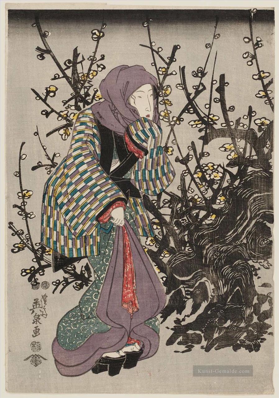 Frau durch Pflaumenbaum in der Nacht 1847 Keisai Eisen Ukiyoye Ölgemälde